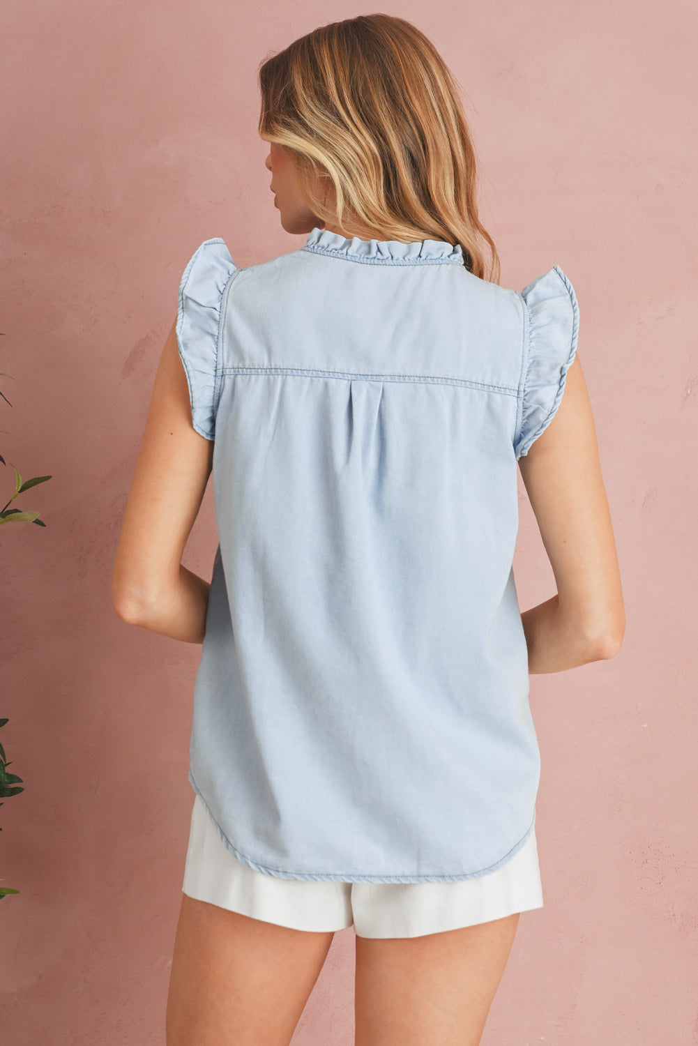 Beau Blue Mineral Wash Sleeveless Frill Button-Up Denim Shirt