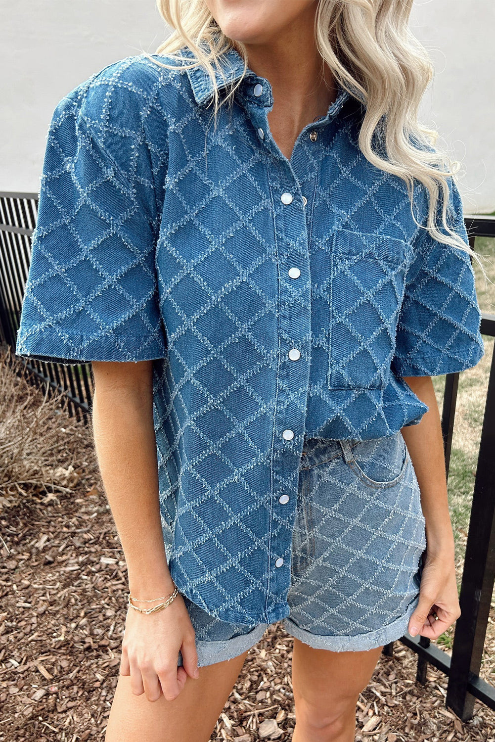Dusk Blue Checkered Textured Short Sleeve Pocket Denim Shirt