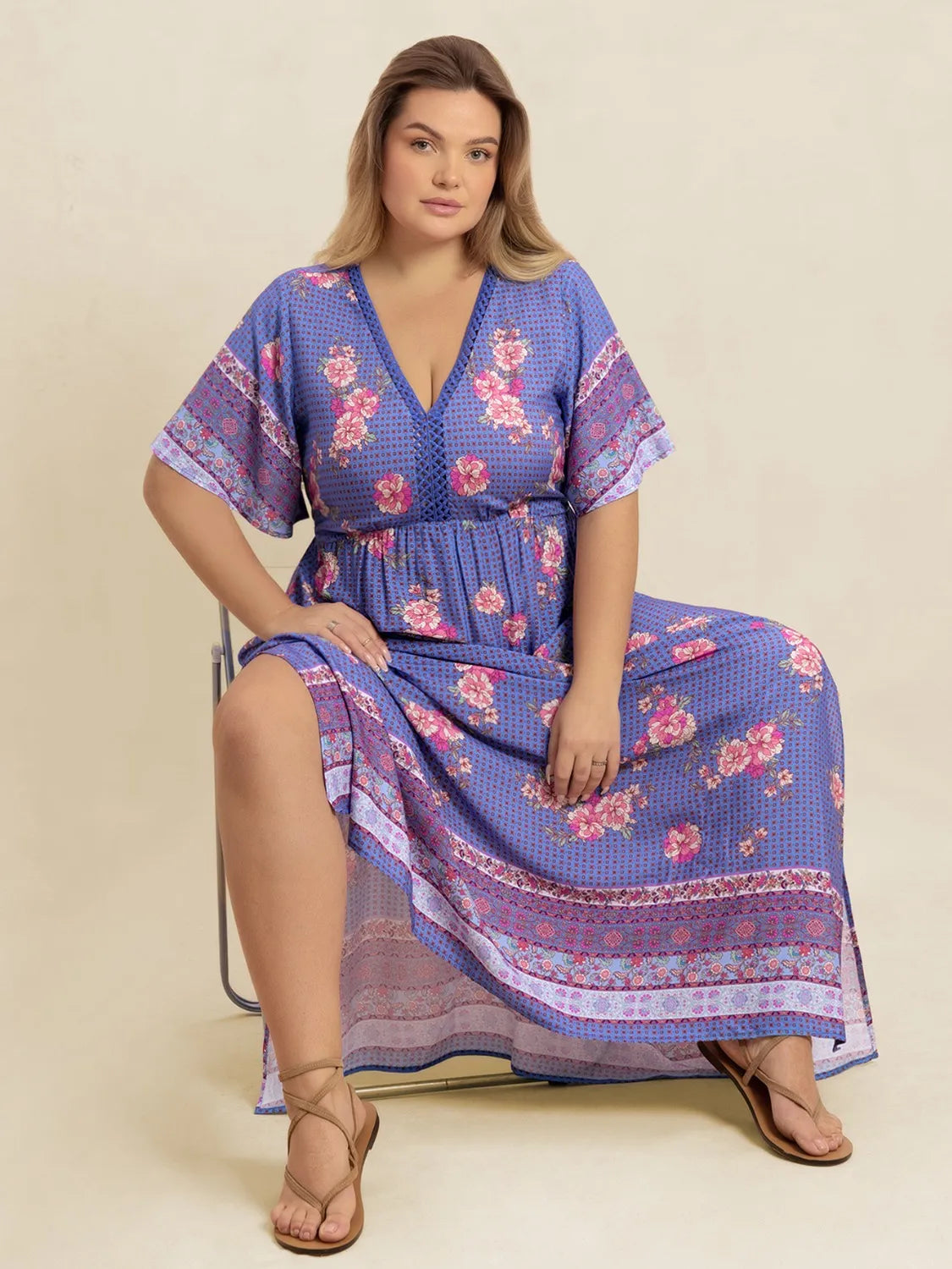 Plus Size Printed V-Neck Flutter Sleeve Dress