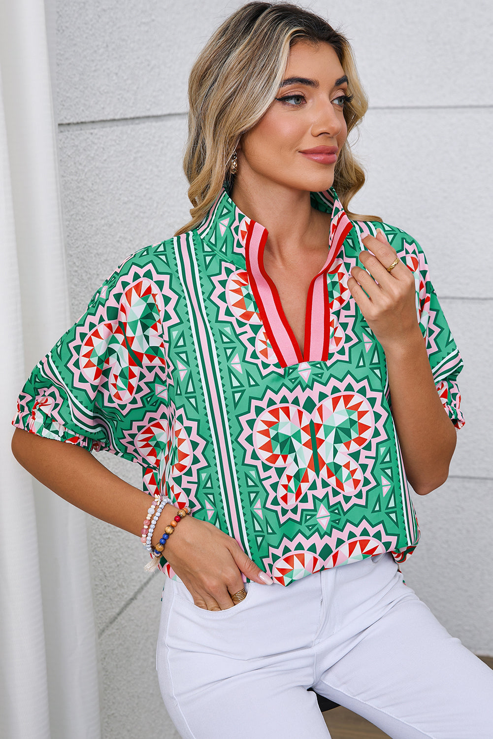 Sea Green Boho Geometric Print Pop of Color Neckline Blouse