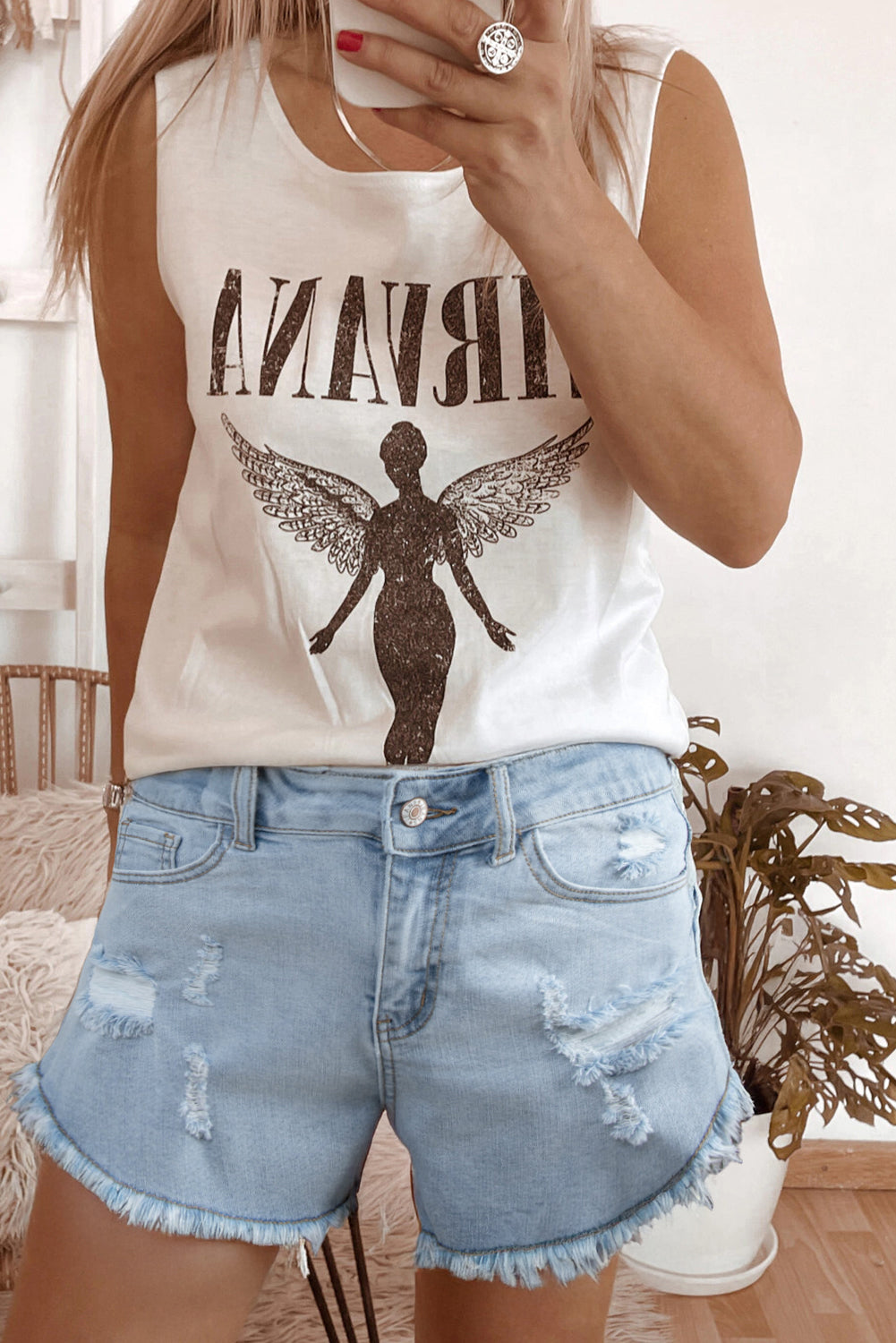 Beau Blue High Rise Distressed Raw Hem Denim Shorts