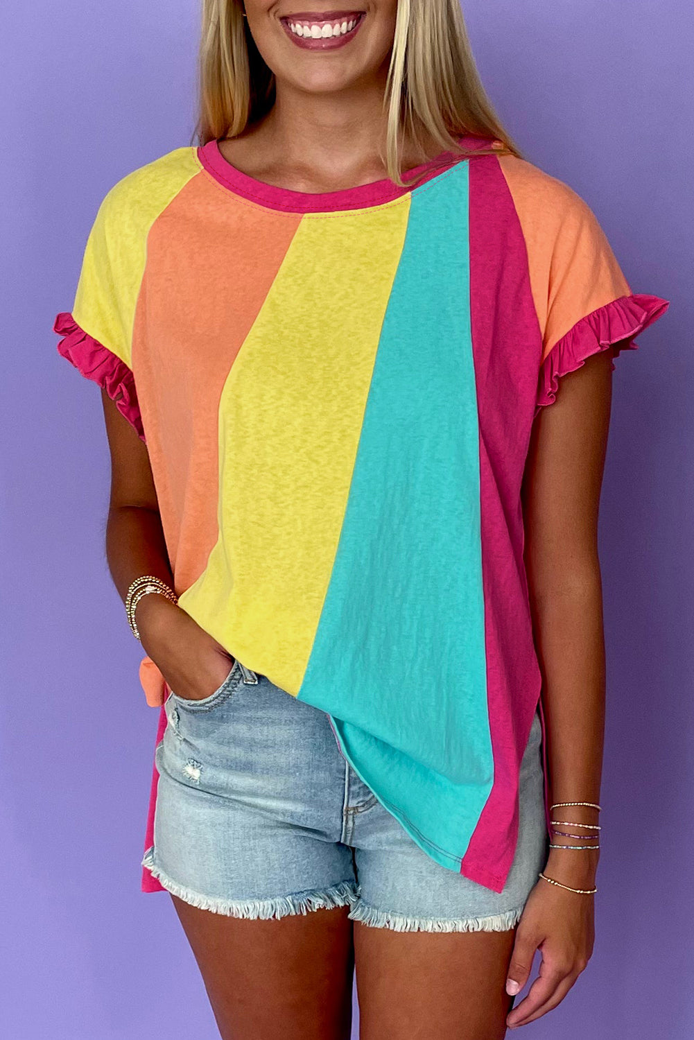 Rose Red Colorblock Ruffle Sleeve Loose Fit T Shirt