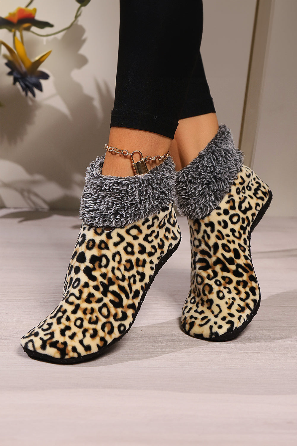 Beige Leopard Print Anti Skid Warm Slipper Socks