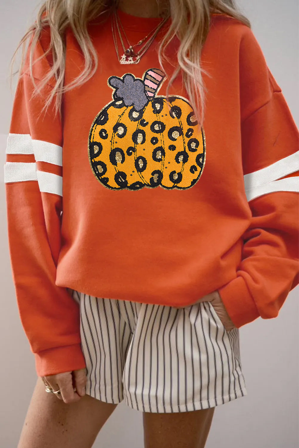 Orange Leopard Pumpkin Graphic Varsity Oversized Sweatshirt