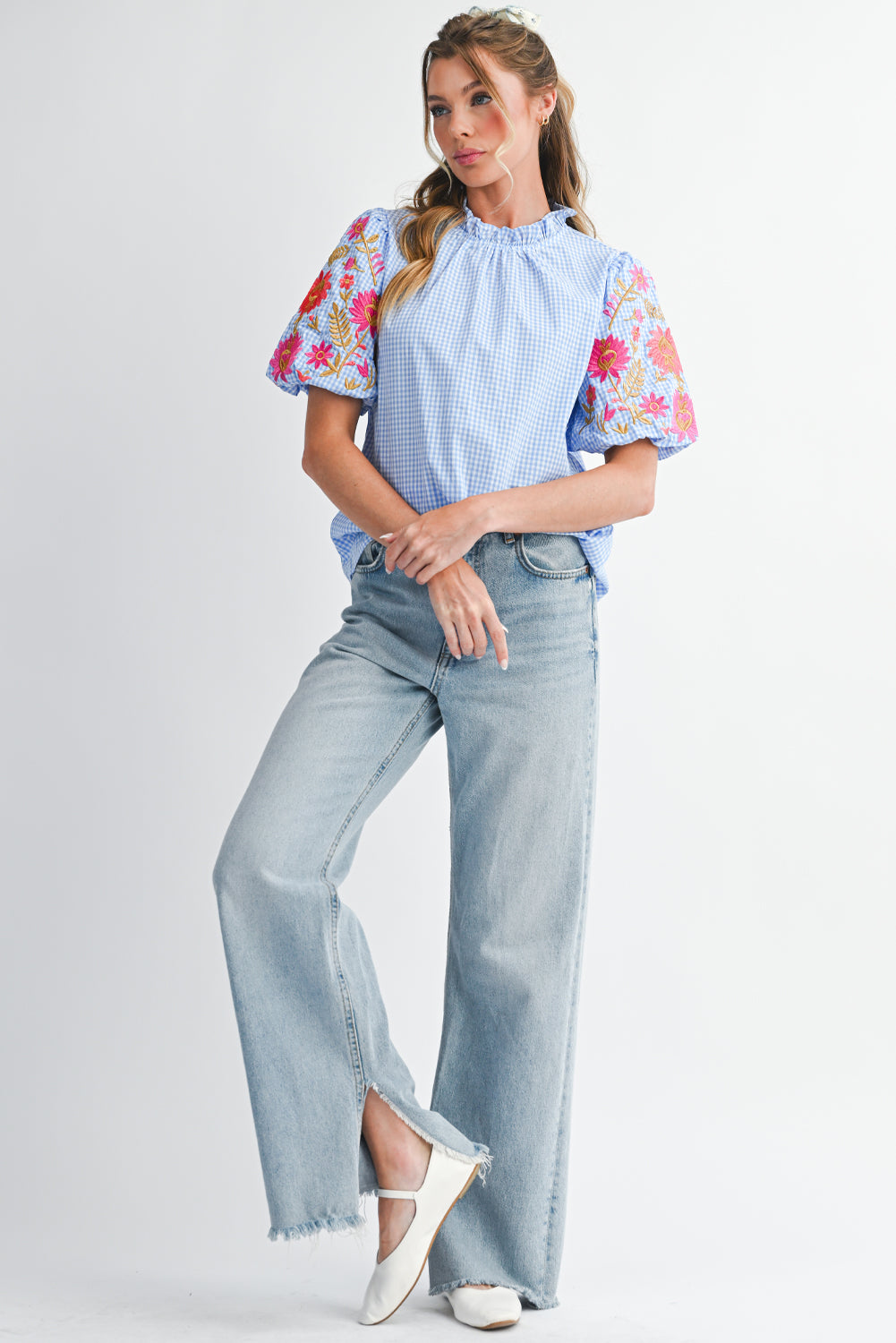 Light Blue Flower Embroidered Puff Sleeve Gingham Blouse