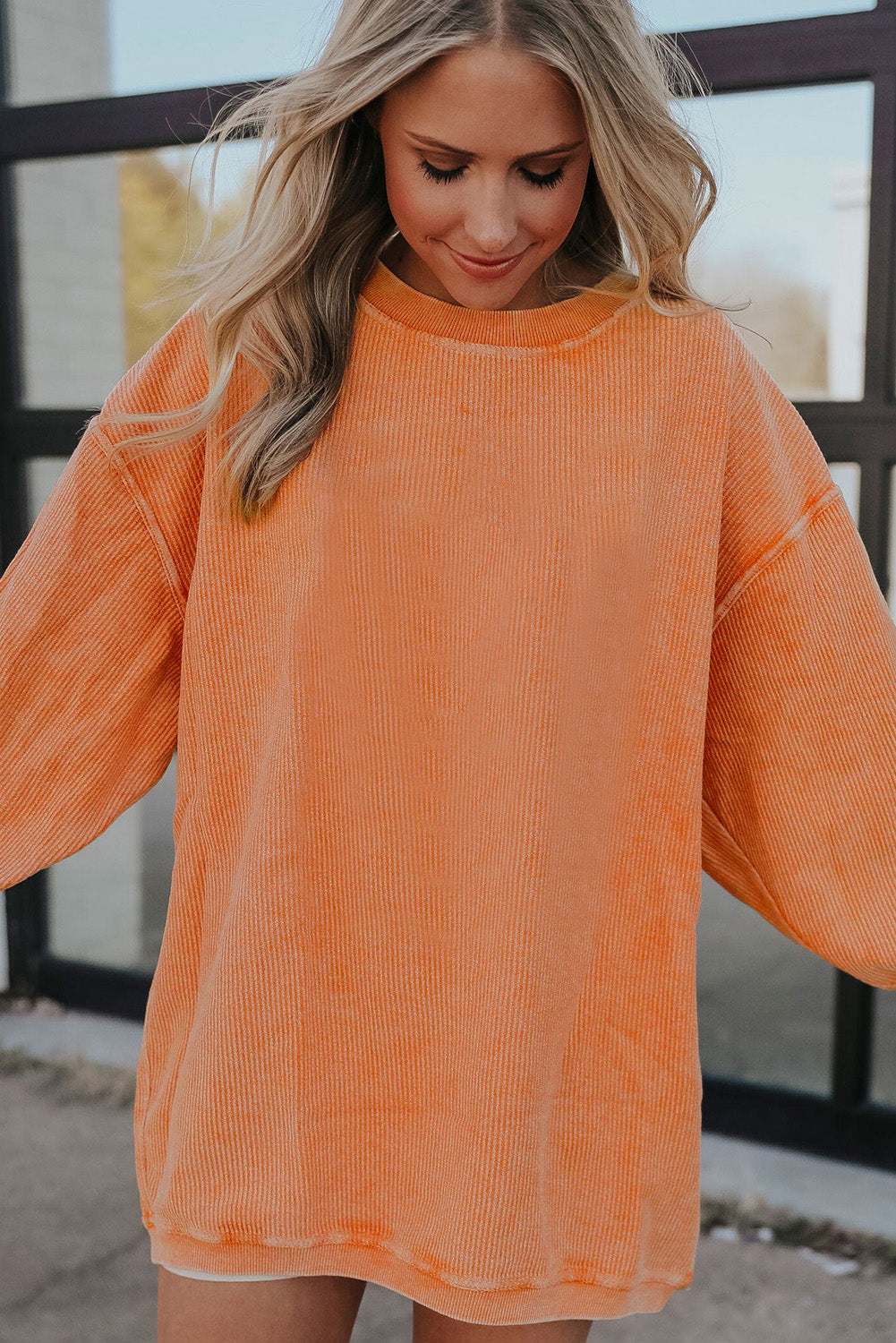 Orange Plain Drop Sleeve Crinkle Rib Oversized Sweatshirt