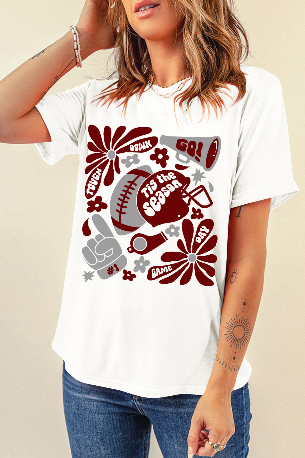 White Touch Down Game Day Tis Season Graphic Crew Neck Tee