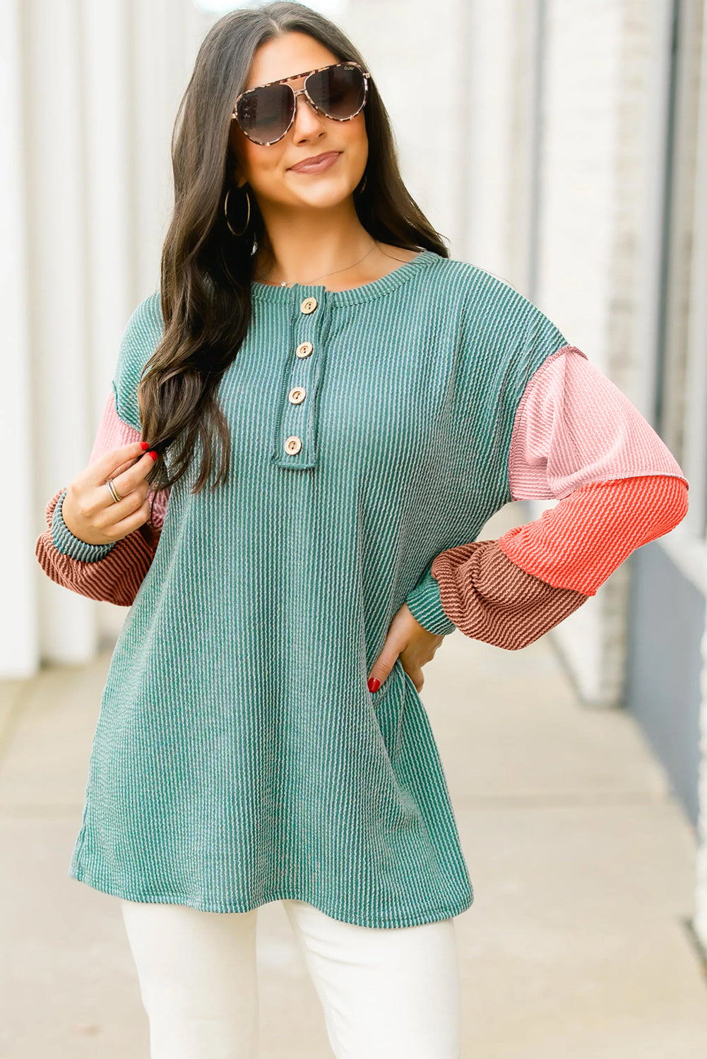 Multicolour Twisted Ribbed Colorblock Patchwork Henley Top