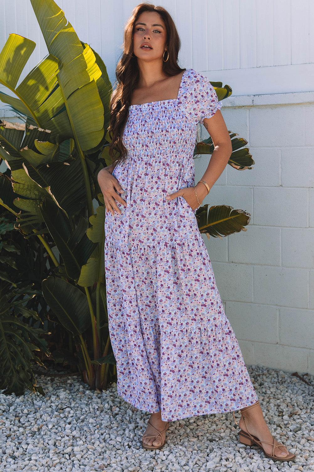 Lacey Floral Short Bubble Sleeve Maxi Dress-3