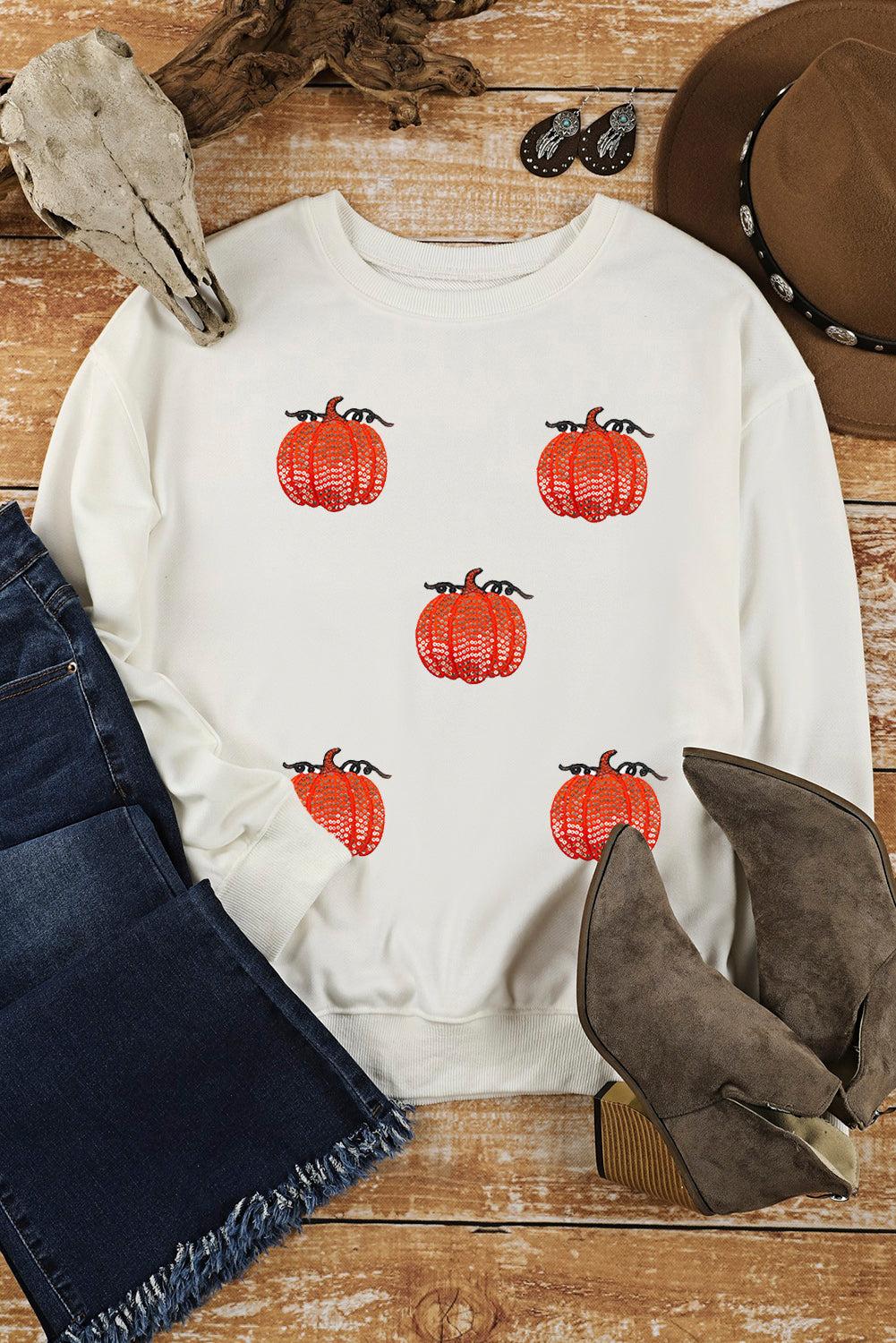 White Sequin Pumpkin Patched Drop Shoulder Sweatshirt