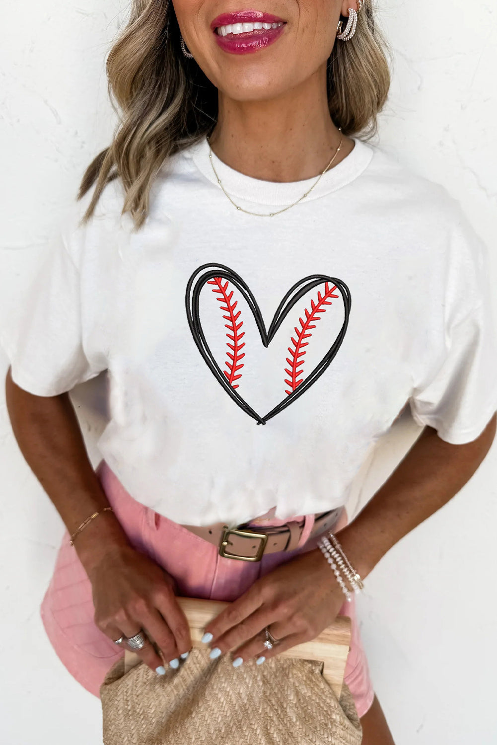 White Game Day Heart Shape Embroidery Graphic Tee