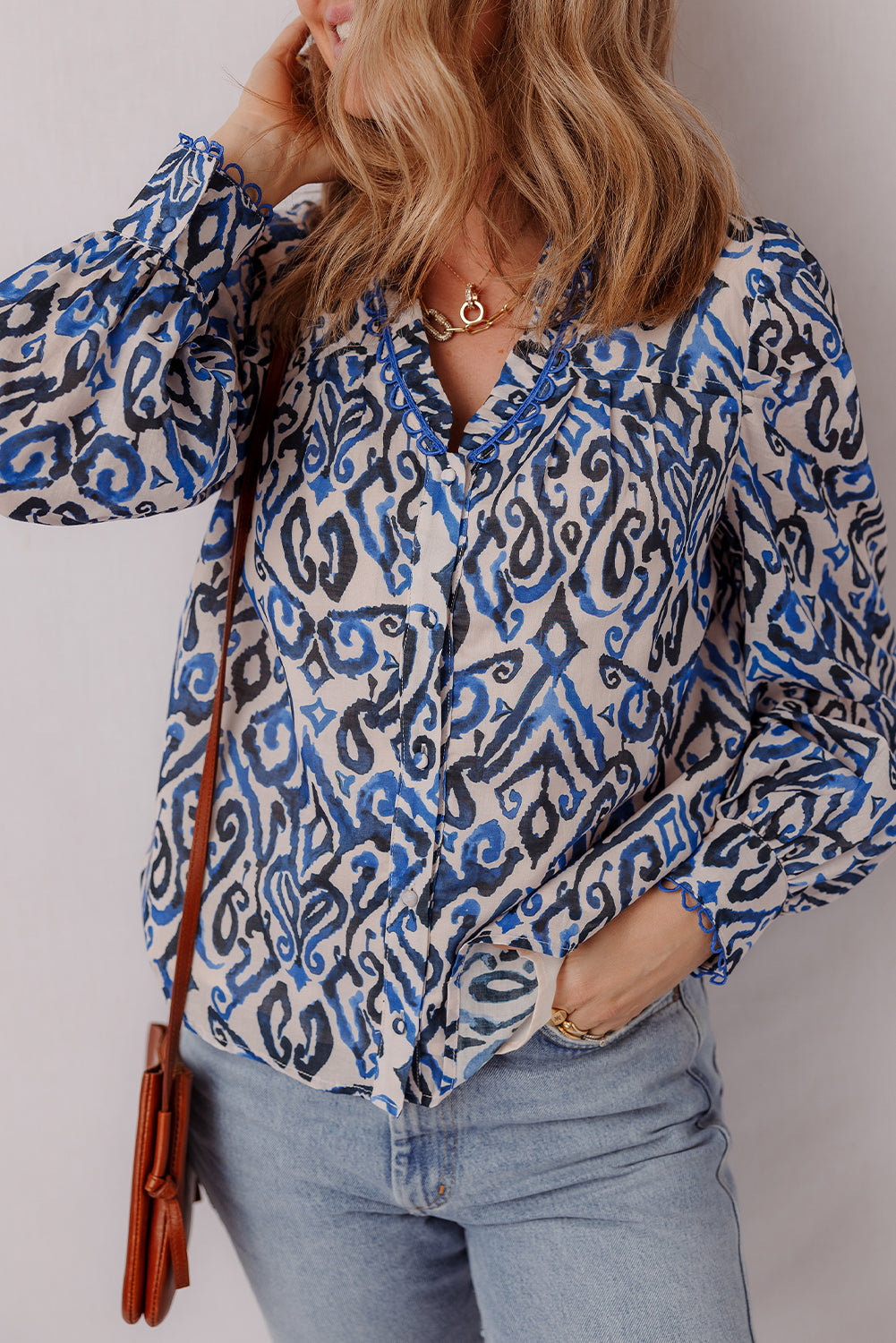 Blue Bohemian Abstract Print Frill V Neck Long Sleeve Blouse