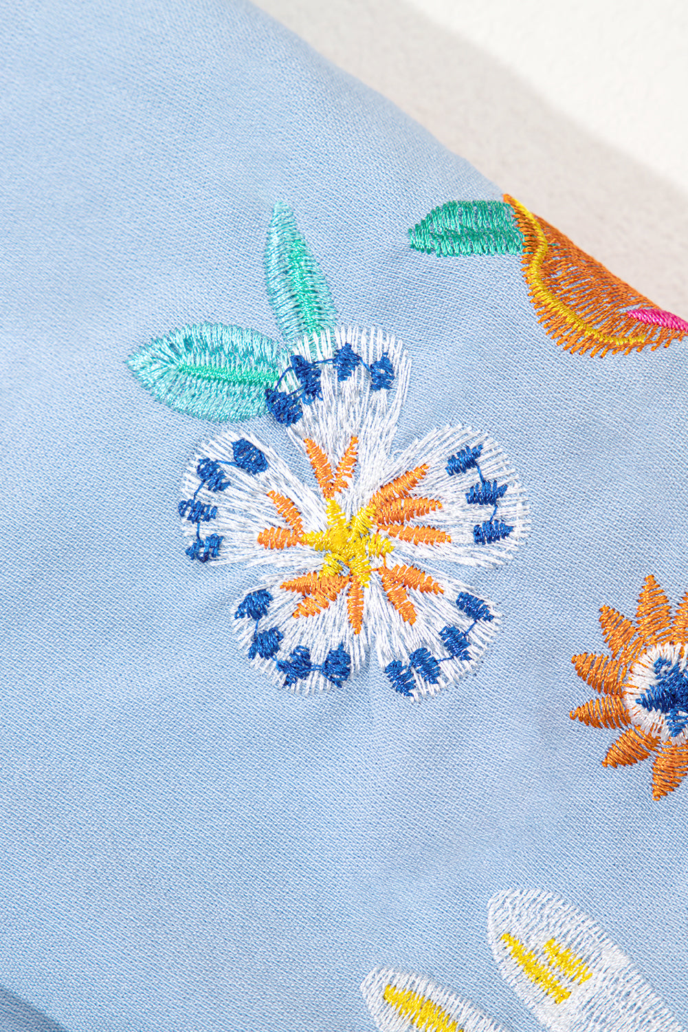 Beau Blue Floral Embroidered Puff Sleeve Split Neck Blouse