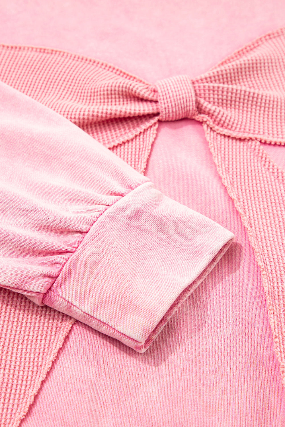 Bright Pink Mineral Wash Waffle Bow Patched Pullover Sweatshirt