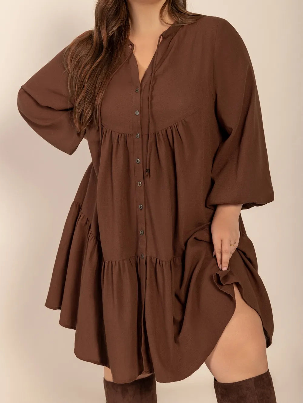 Plus Size Tie Neck Balloon Sleeve Tiered Dress