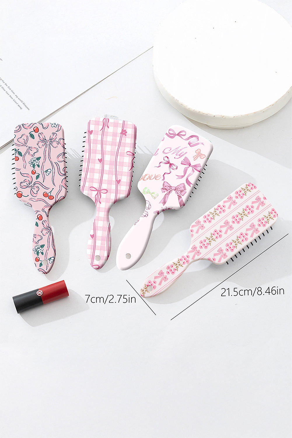 Pink Flower and Bow Printed Striped Hair Cushion Comb