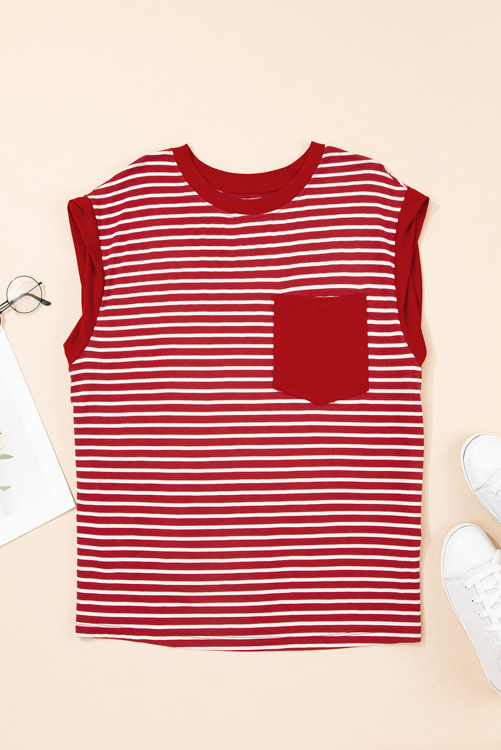 Red Stripe Chest Pocket Patch Round Neck Sleeveless Tee