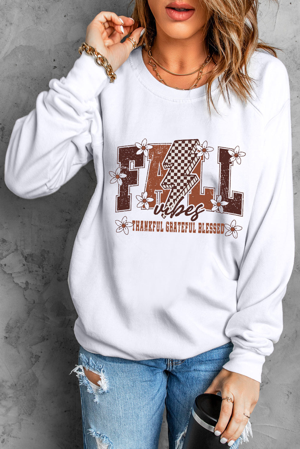 White FALL THANKFUL GRATEFUL BLESSED Graphic Drop Shoulder Sweatshirt