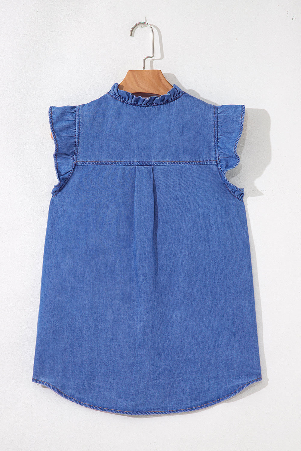Sky Blue Mineral Wash Sleeveless Frill Button-Up Denim Shirt