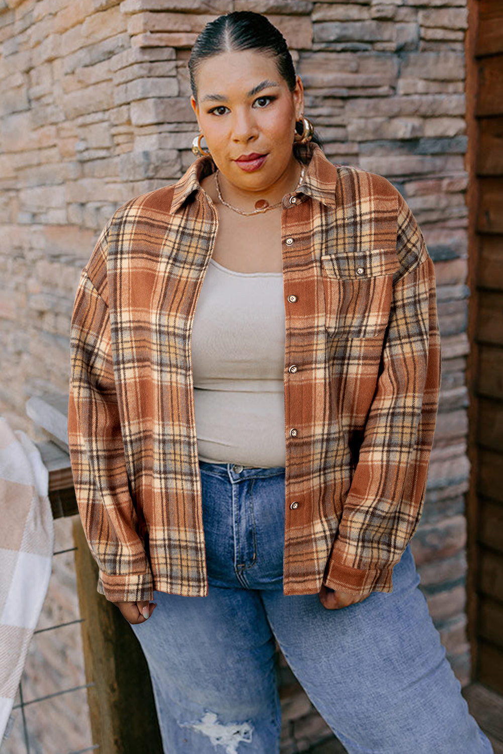 Brown Plaid Print Flap Pocket Button Plus Size Shirt
