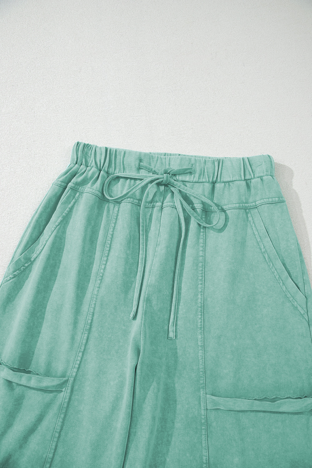 Mint Green Mineral Wash Exposed Seam Drawstring Elastic Waistband Wide Leg Cargo Pants