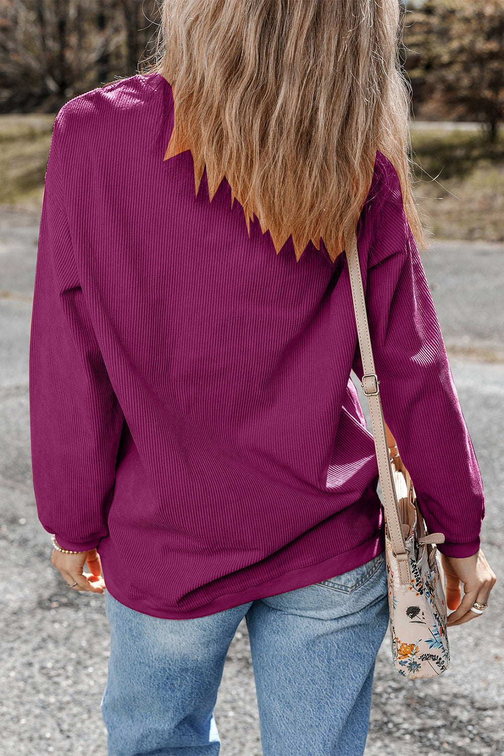 Festival Fuchsia Plain Drop Sleeve Rib Knit Oversized Sweatshirt