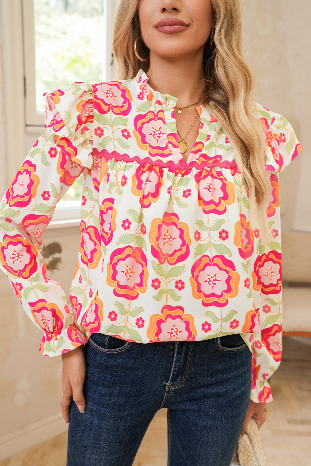 Rose Floral V Neck Ricrac Trim Ruffle Long Sleeve Blouse