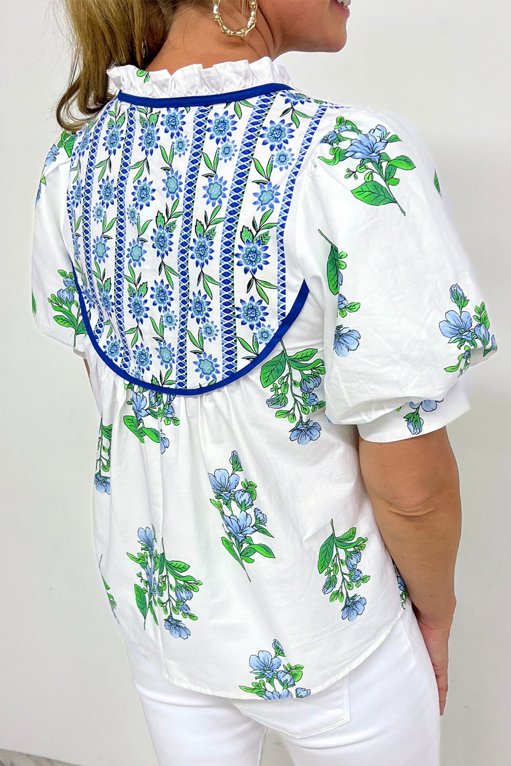 Beige Floral Print Piping Trim Tie Neck Puff Sleeve Blouse