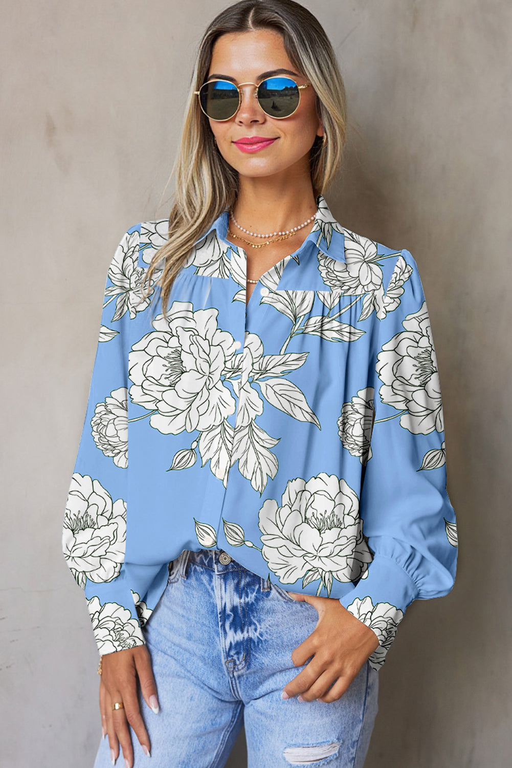 Sky Blue Floral Print Pleated Puff Sleeve Shirt