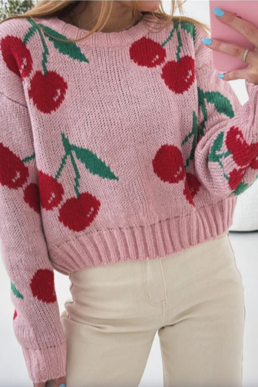 Pink Cherry Print Round Neck Knit Sweater