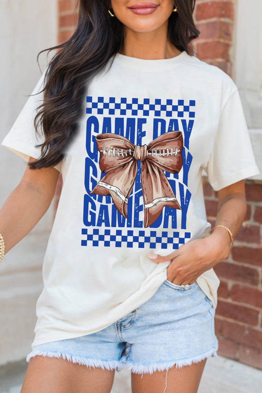 White Football Bow Game Day Crewneck T Shirt