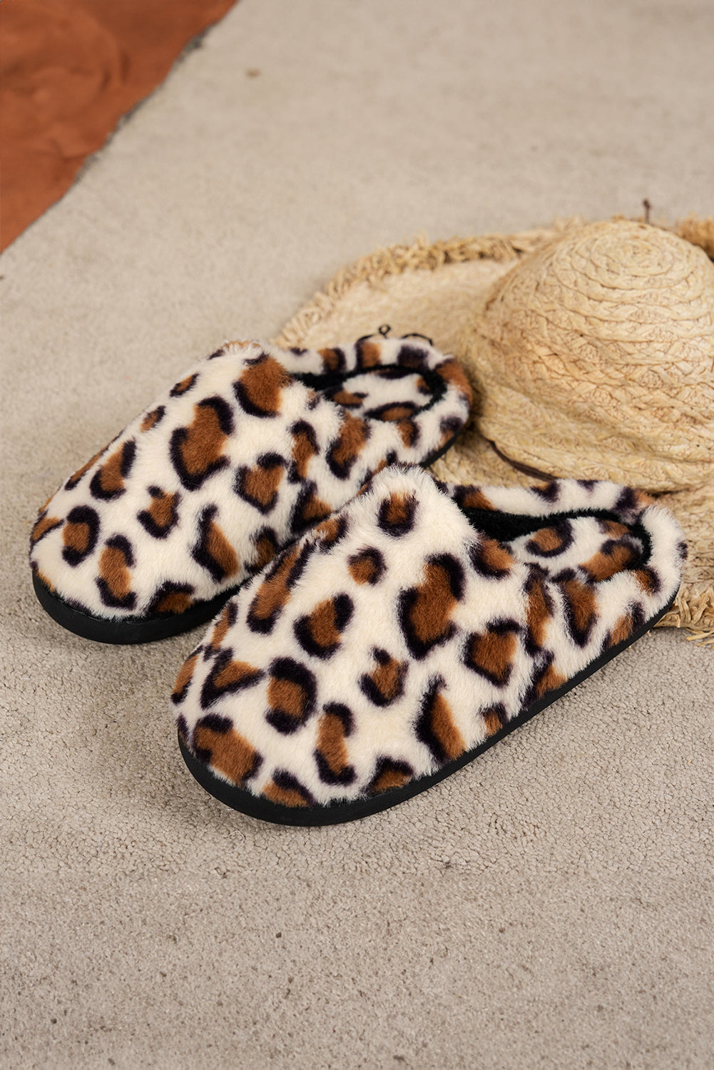 Coffee Leopard Print Plush Winter Slippers