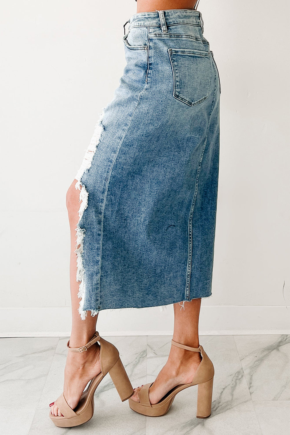 Myosotis Irregular Distressed Hem Denim Midi Skirt
