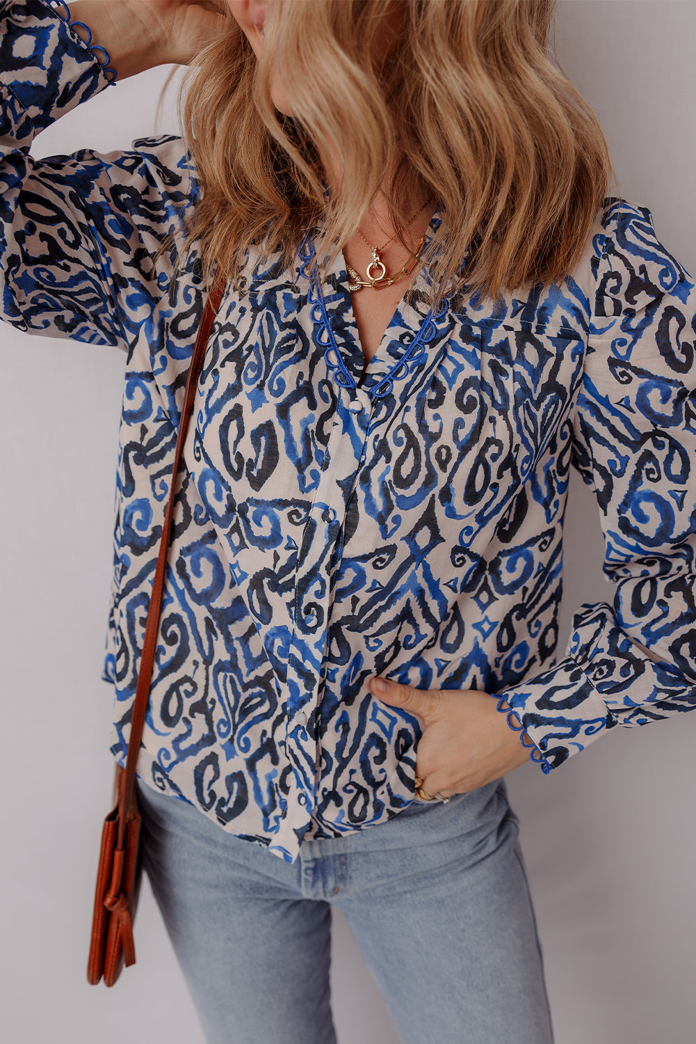 Blue Bohemian Abstract Print Frill V Neck Long Sleeve Blouse