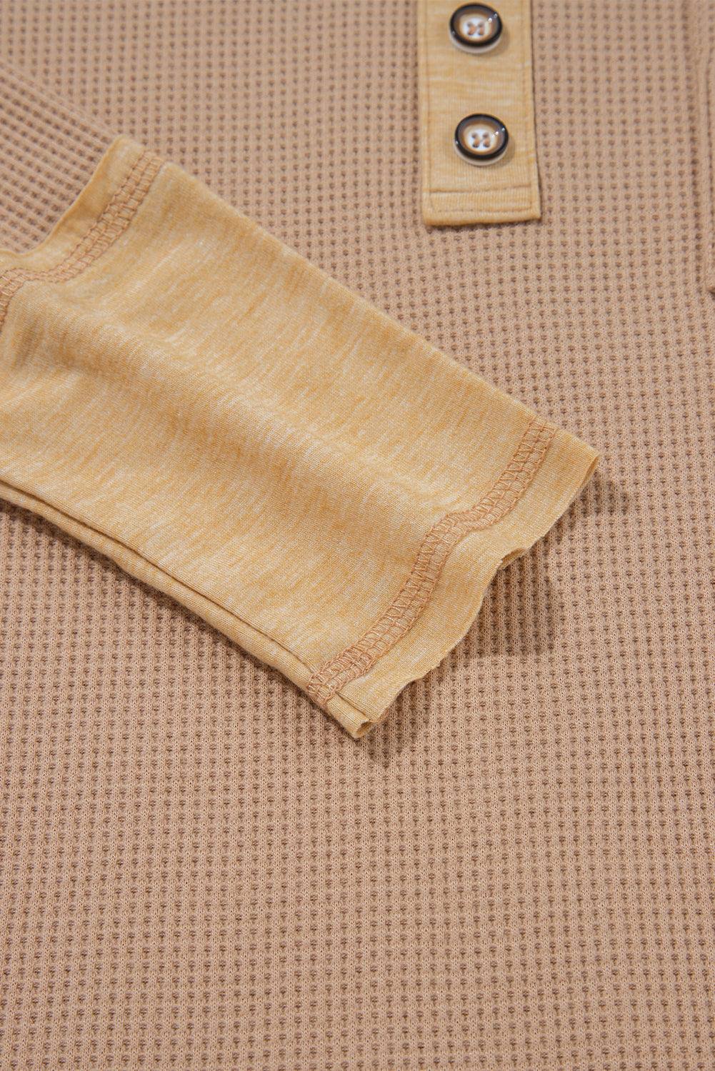 Dark Khaki Waffle Textured Patchwork Tunic Henley Top