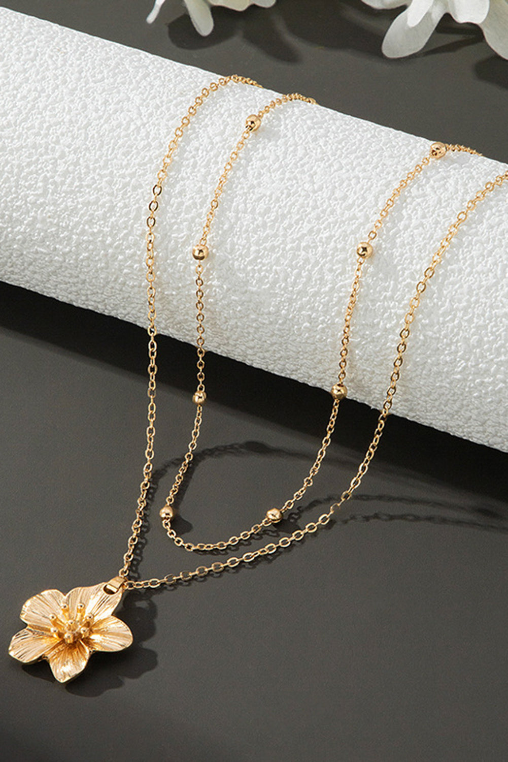 Gold Double Layered Flower Pendant Chain Necklace