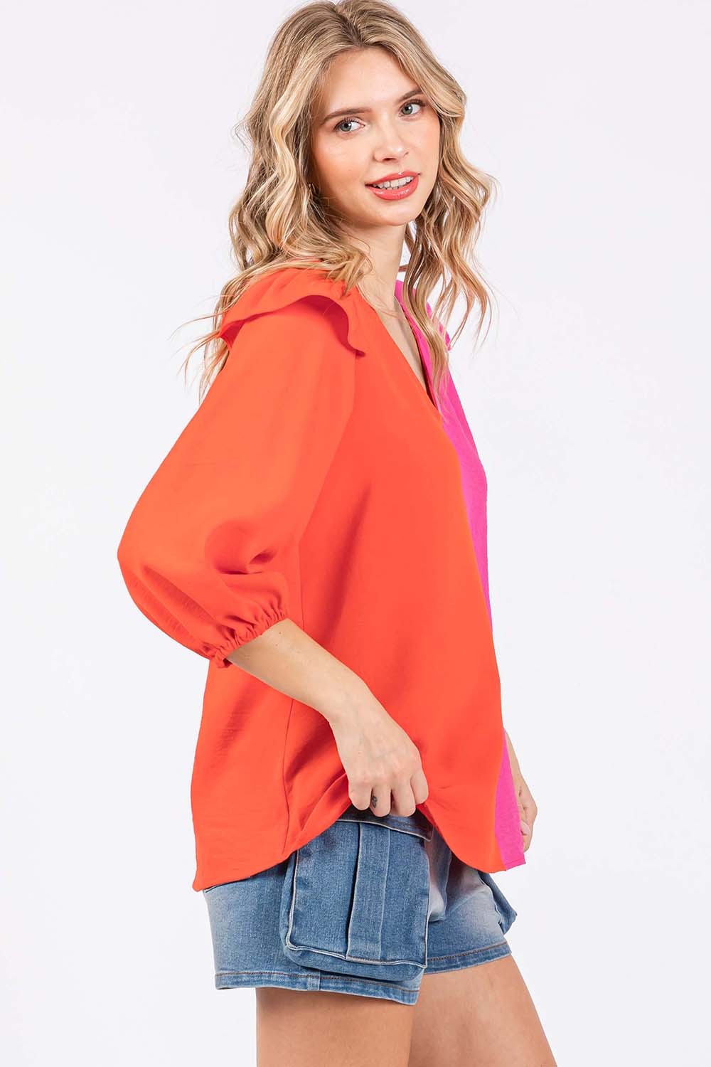 GeeGee Full Size Ruffle Trim Contrast Blouse-2