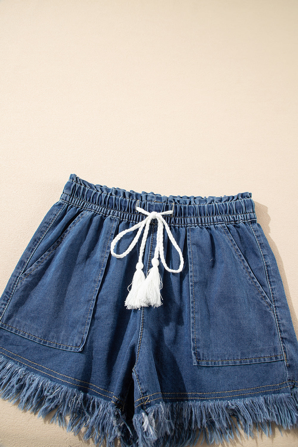 Ashleigh Blue Raw Hem Drawstring Elastic Waistband Denim Shorts with Pockets