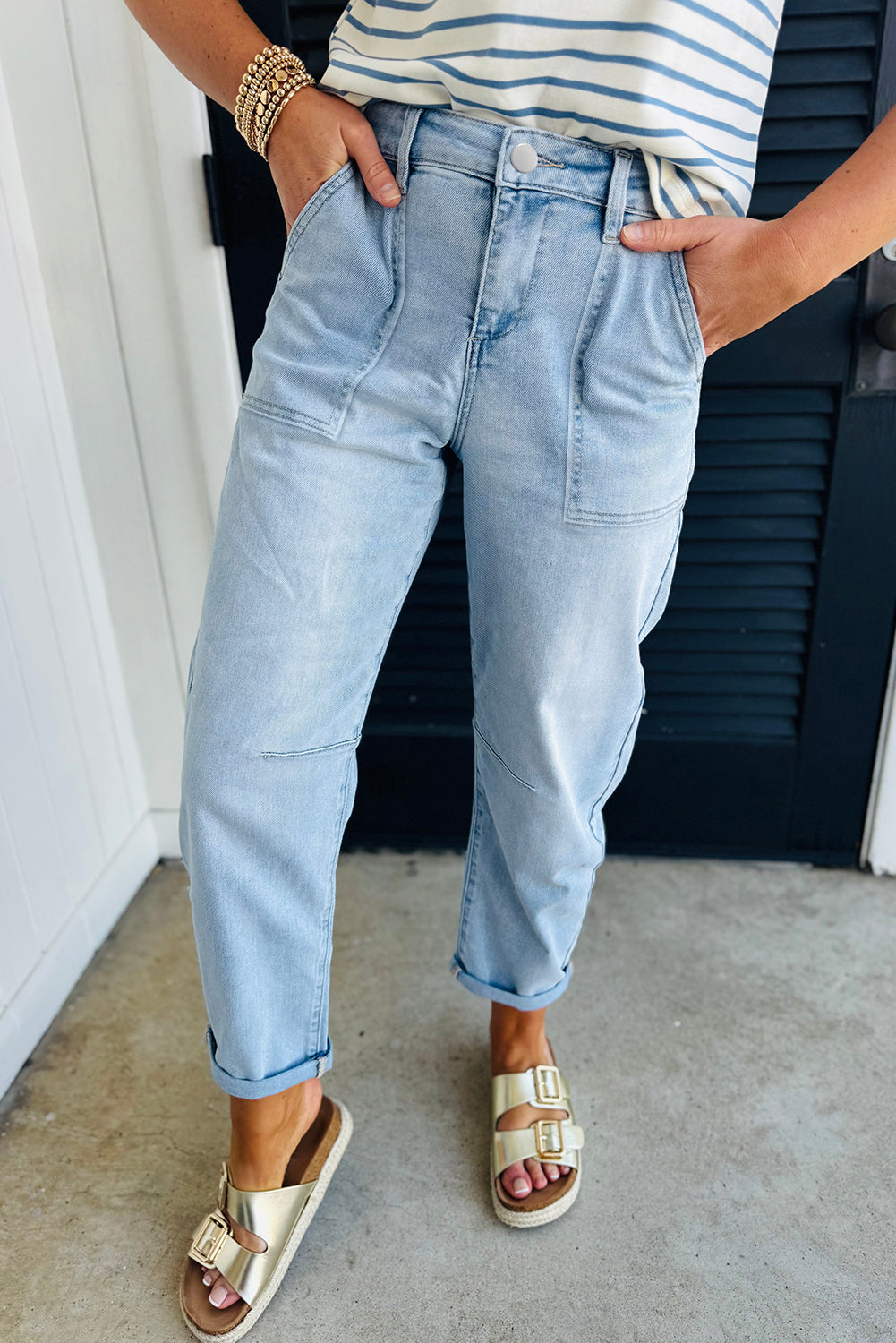 Beau Blue High Rise Relaxed Patch Pocket Jeans