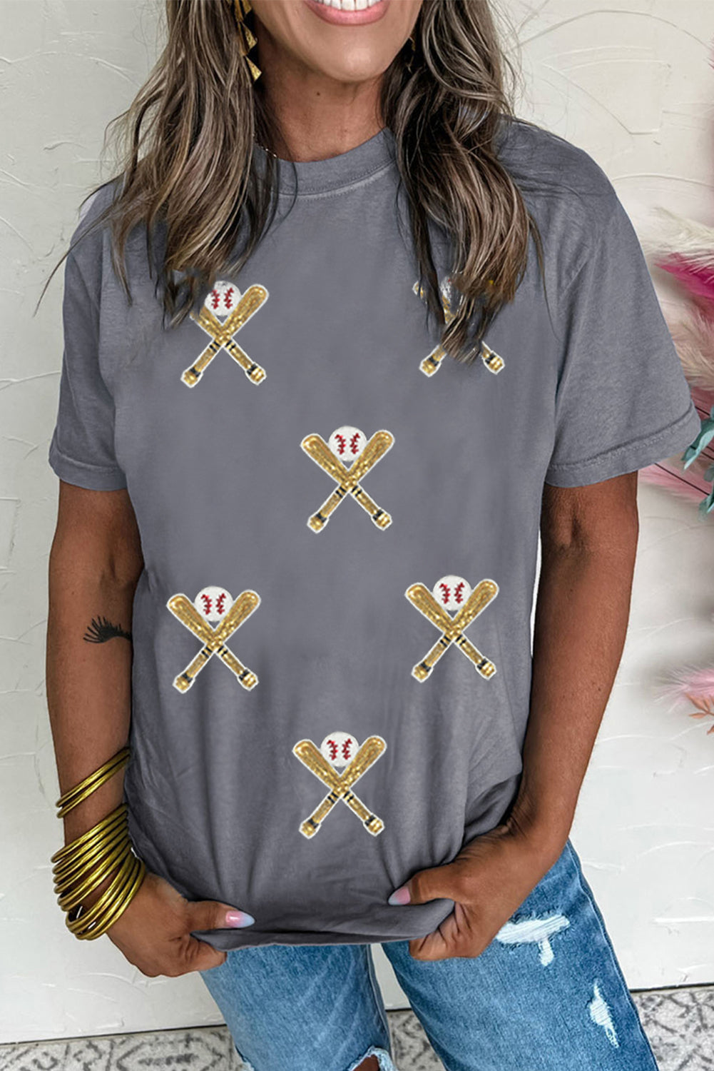 Gray Sequin Baseball Bat Graphic Game Day Casual Tee