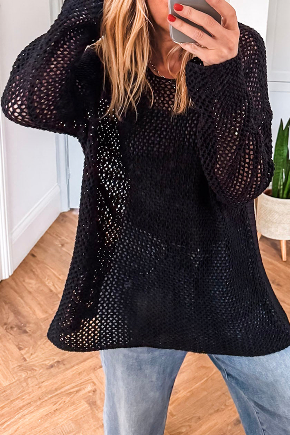 Black Crochet Hollow-out Knit Sweater