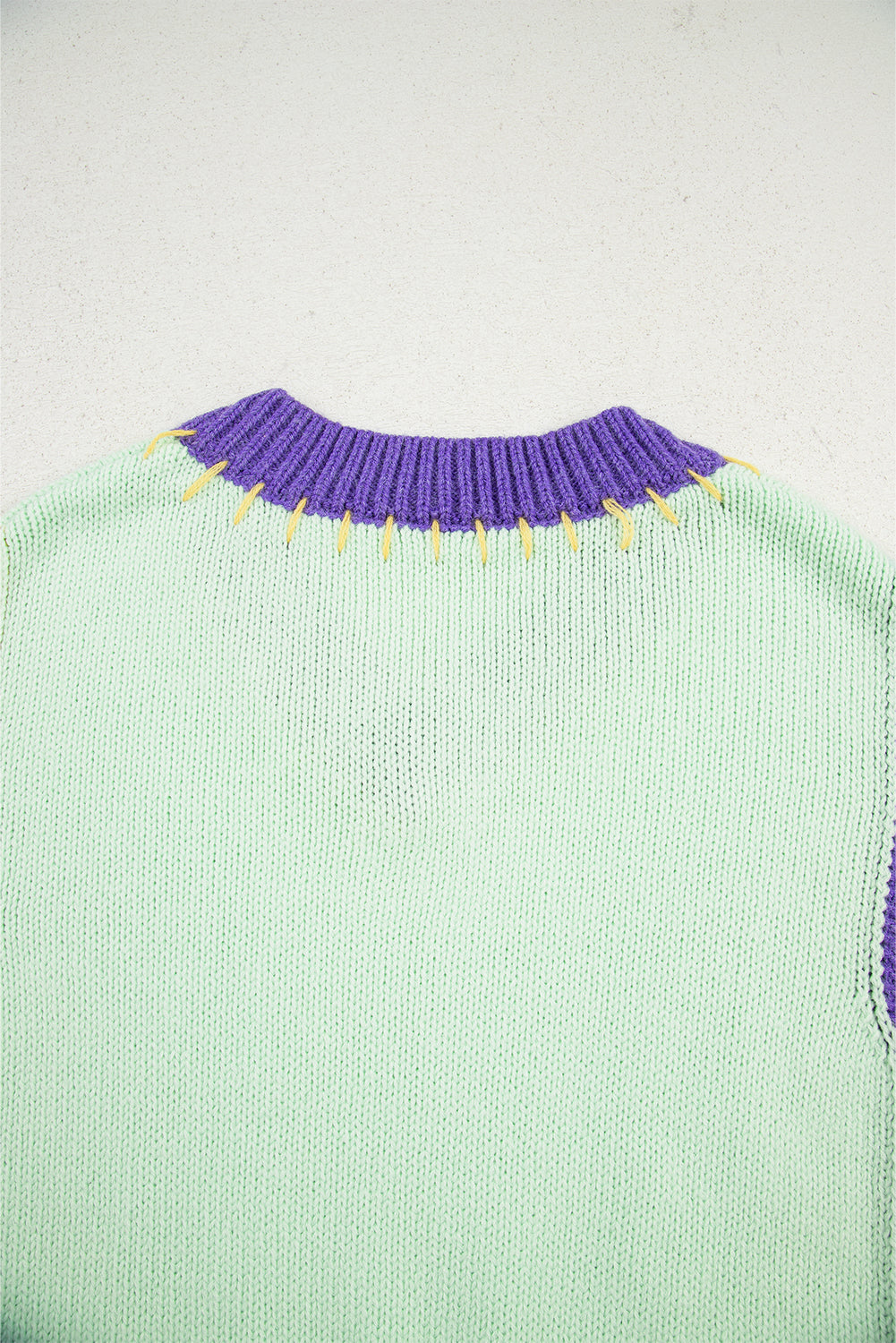 Green Stitched V Neck Color Block Knitted Drop Shoulder Sweater