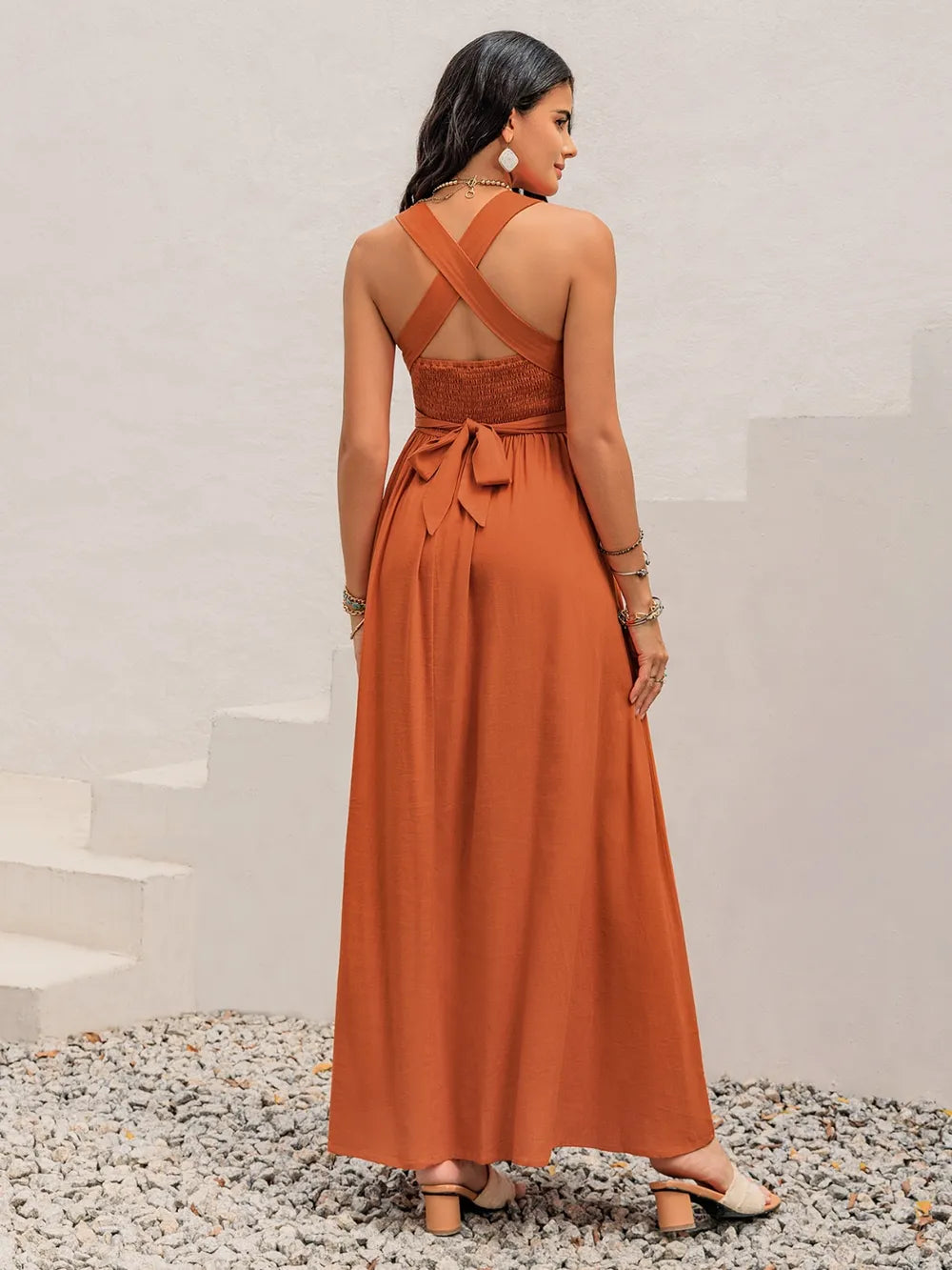 Crisscross Back Smocked Square Neck Maxi Dress