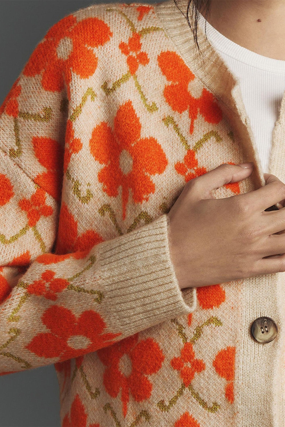 Orange Floral Button Round Neck Knit Cardigan