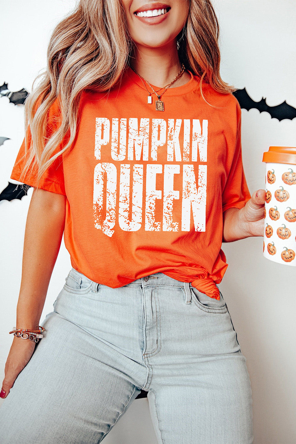 Orange PUMPKIN QUEEN Graphic Crew Neck Tee