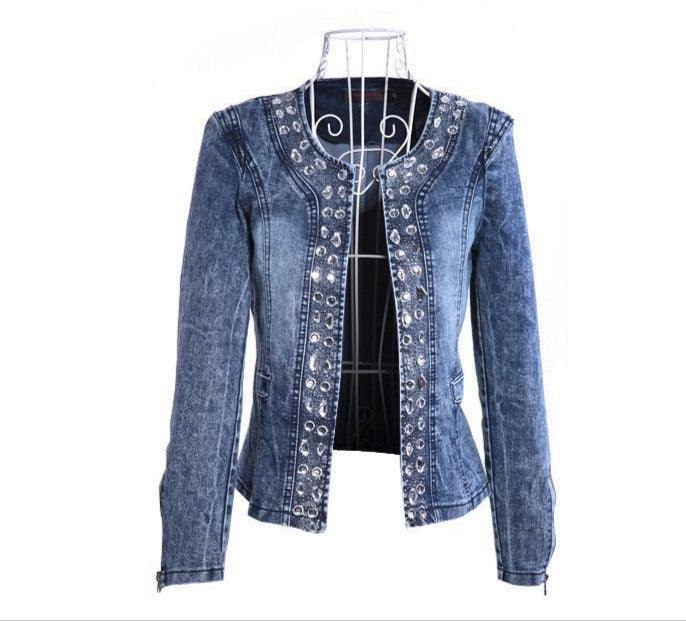 Chic Denim  Retro Short Jacket with Rhinestone & Sequin Embellishment
