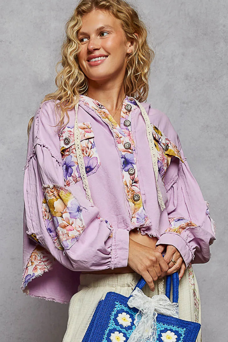 Raw Hem Floral Print Cropped Hooded Jacket