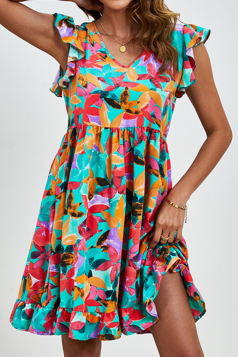 Green Leaf Print V Neck Fluttter Sleeveless Short Dress