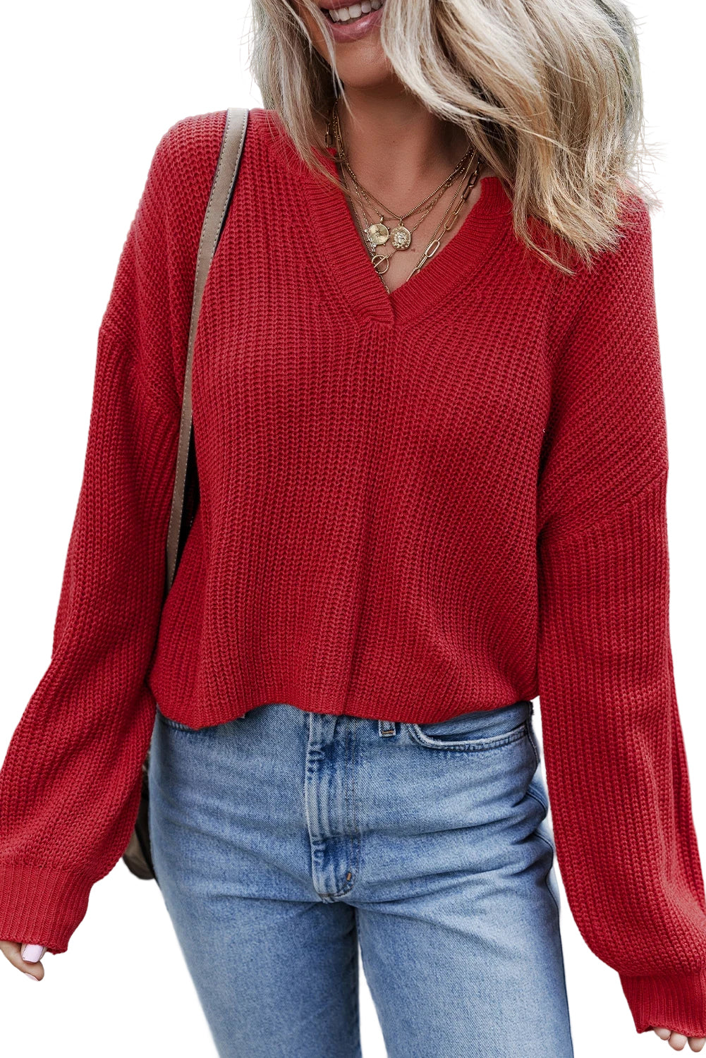 Racing Red Solid Textured Knit V Neck Drop Shoulder Sweater