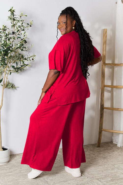 Double Take Full Size Round Neck Slit Top and Pants Set-9
